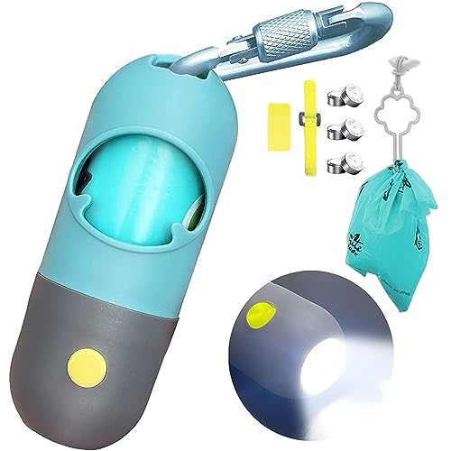Hundekotbeutelspender mit integrierter LED-Taschenlampe und Robuster Karabiner, Zubehör für Hundeleinen, Freihand-Beutelhalterfür das Gehen mit dem Hund (Kristallblau)