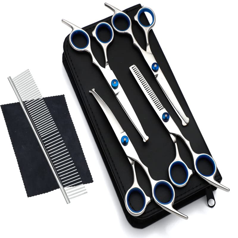 Newaner Hundeschere Set Profi, aus Edelstahl mit Runder Sicherheitsspitze, Fellschere Inkl Effilierschere, Gebogene, Gerade Schere, Fellpflegekamm, für Hunde, Katzen, Blau