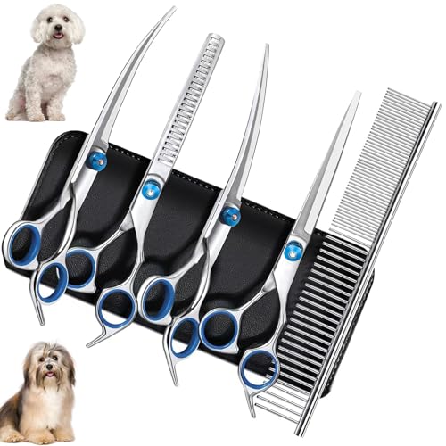 Gentpovth Hundeschere Set, Profi 5-In-1 Hundeschere, Hund und Katze Sicherheit Grooming Schere, Inkl Effilierschere, Gebogene, Gerade Schere, Fellpflegekamm, für Katzen Und Andere Tiere