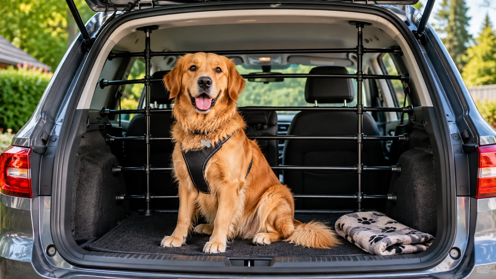 Universelles Heckgitter fuer Hunde im Kofferraum eines Kombi montiert