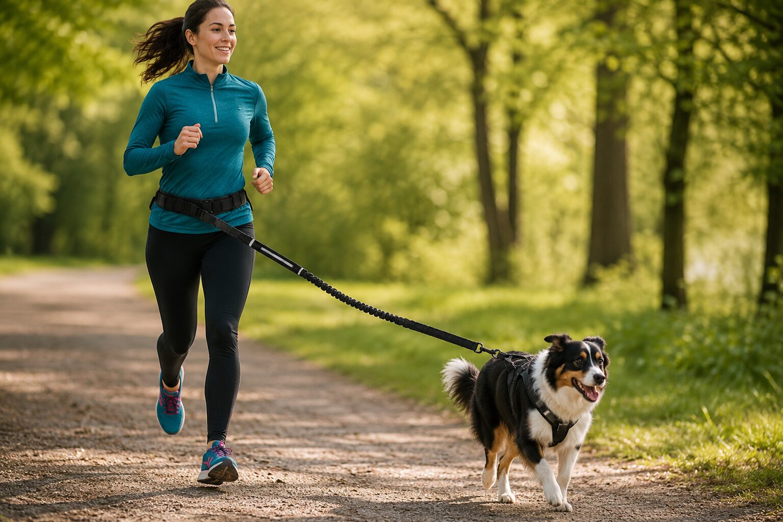 Joggingleine fuer Hunde mit Bauchgurt beim Laufen mit dem Hund